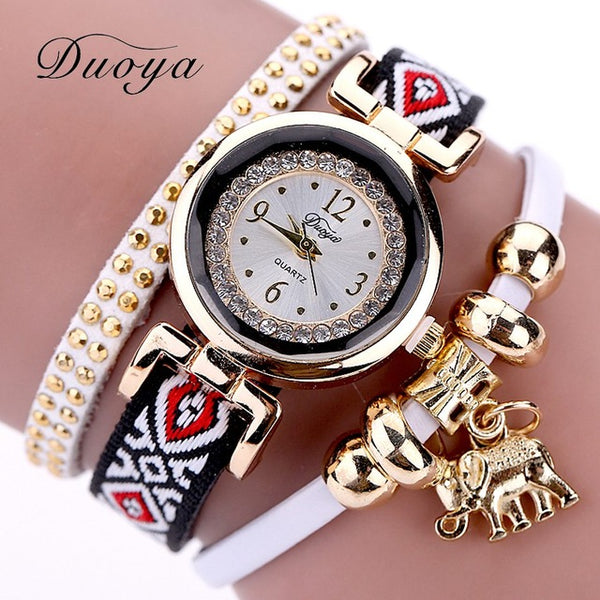 Duoya Luxury Brand Fashion Women Gold Elephant Quartz Crystal Dress Bracelet Watch Clock Female Women Girl Wristwatches Gift