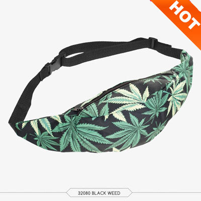 New 3D Colorful Waist Pack for Men Fanny Pack green leaves Style Bum Bag Women Money Belt Travelling Mobile Phone Bag