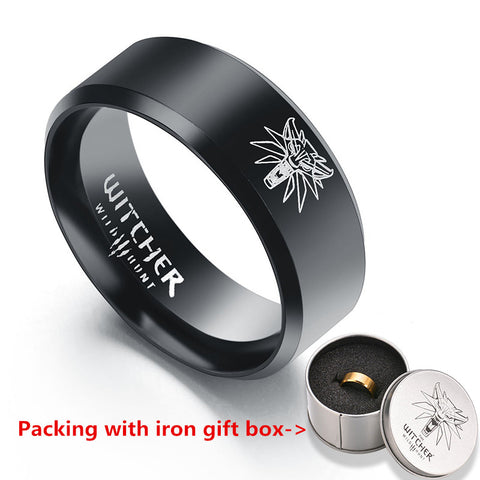 Hot Game The Witcher 3 Ring Wild Hunt Medallion Gold Stainless Steel Black Bike Rings for Men Punk Wolf Ring with Iron Gifts Box