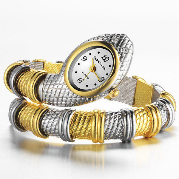 GEEKTHINK Unique Fashion Quartz Watch women Ladies Snake Shaped Bracelet Watch Bangle Diamond Ornaments Luxury Silver Gold