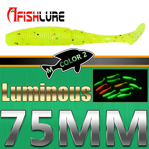 6pcs/lot  T Tail Soft Grub Glow 75mm 3g Luminous soft fishing lure Abdomen open hook Paddle Tail Soft Lure Bass Fishing bait