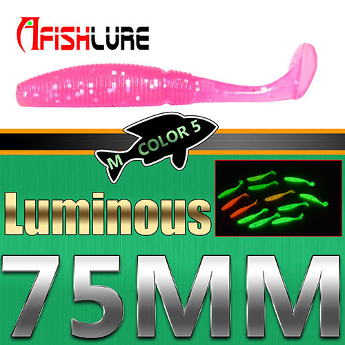 6pcs/lot  T Tail Soft Grub Glow 75mm 3g Luminous soft fishing lure Abdomen open hook Paddle Tail Soft Lure Bass Fishing bait