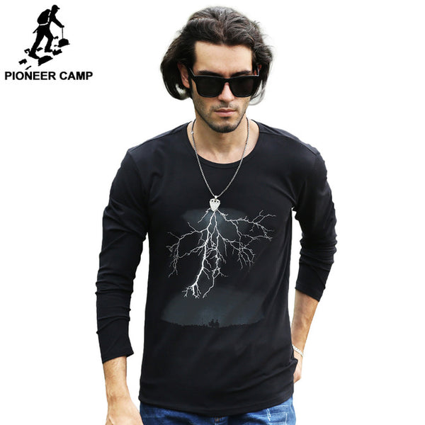 Pioneer Camp Lightning Printed T-Shirt Men Black T Shirt Mens Fashion men T Shirts Casual brand Clothing Cotton 3D Tshirt 405043