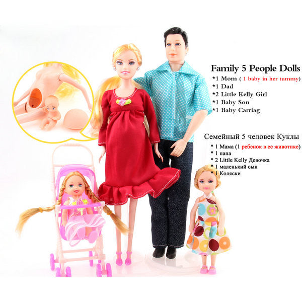 UCanaan Toys Family 5 People Dolls Suits 1 Mom /1 Dad /2 Little Kelly Girl /1 Baby Son/1 Baby Carriage Real Pregnant Doll Gifts