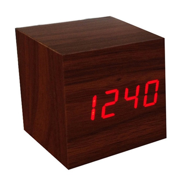 Hot USB/AAA Powered Cube LED Digital Alarm Clock Square Modern Sound Control Wood Clock Display Temperature Night Light