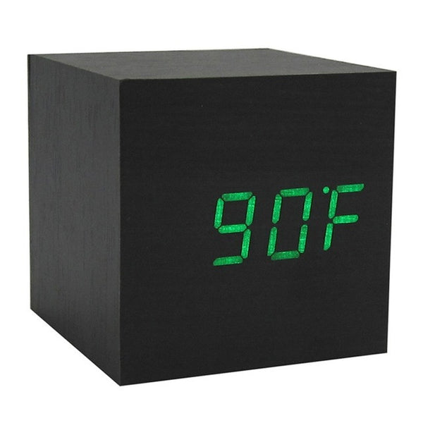 Hot USB/AAA Powered Cube LED Digital Alarm Clock Square Modern Sound Control Wood Clock Display Temperature Night Light