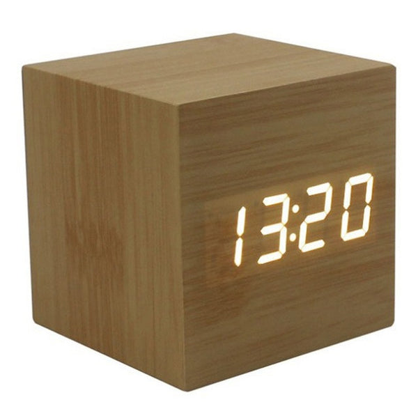 Hot USB/AAA Powered Cube LED Digital Alarm Clock Square Modern Sound Control Wood Clock Display Temperature Night Light