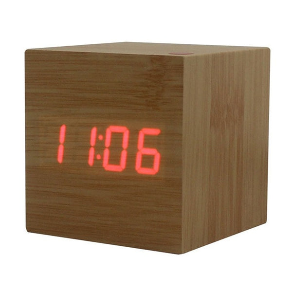 Hot USB/AAA Powered Cube LED Digital Alarm Clock Square Modern Sound Control Wood Clock Display Temperature Night Light