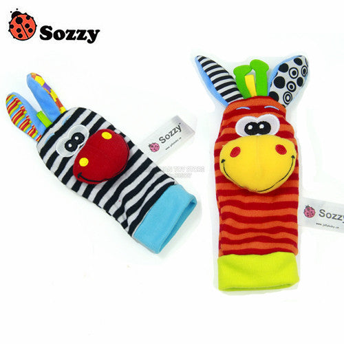 Sozzy 2pcs Soft Baby Toy Wrist Strap Socks Cute Cartoon Garden Bug Plush Rattle with Ring Bell 0M+