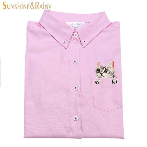 New High Quality Spring Autumn Women Blouse Cats Embroidery Long Sleeve Work Shirts Women office Tops White shirts for business