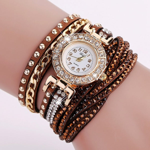 Duoya Brand Fashion Round Dial Quartz Watch Women Flower Wristwatch Steel Luxury Bracelet Watch Multilayer Leather Wrist Watch