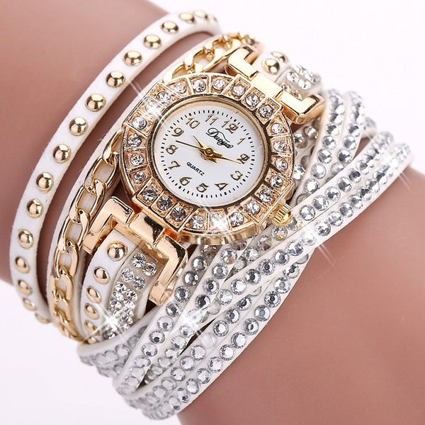 Duoya Brand Fashion Round Dial Quartz Watch Women Flower Wristwatch Steel Luxury Bracelet Watch Multilayer Leather Wrist Watch