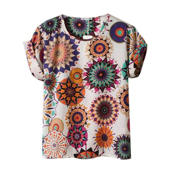 Summer Fashion O Neck Bird Printed Women Tops Colorful Short Sleeve Female T-Shirts Batwing Loose Chiffon Shirt Feminino