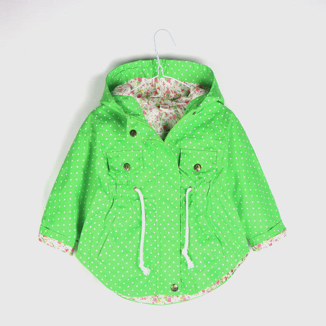 2016 New Spring Autumn Hooded Kids Jackets Long Sleeve Polka Dot Print Fashion Girls Windbreaker Coat Casual Waist Girls Jackets