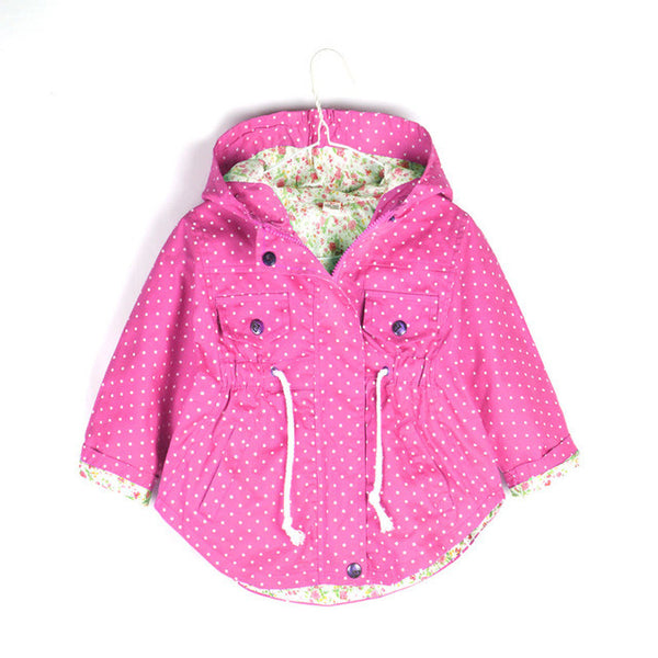 2016 New Spring Autumn Hooded Kids Jackets Long Sleeve Polka Dot Print Fashion Girls Windbreaker Coat Casual Waist Girls Jackets