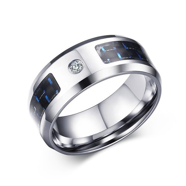 Vnox 2016 New Finger Ring for Men Male Zincon Rings Blank & Blue Carbon Fiber
