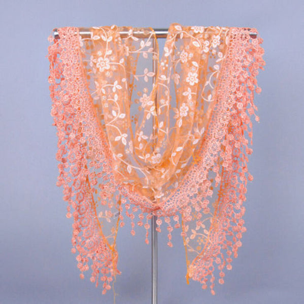 New Brand design Summer Lady Lace Scarf Tassel Sheer Metallic Women Triangle Bandage Floral scarves Shawl L10A5108