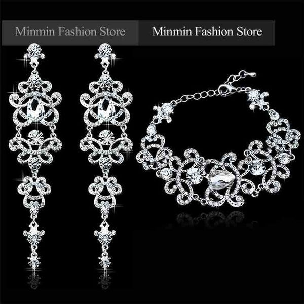 Minmin Crystal Bridal Jewelry Sets Butterfly Bracelet Earrings Sets Wedding African Beads Jewelry Set for Women EH166+SL032