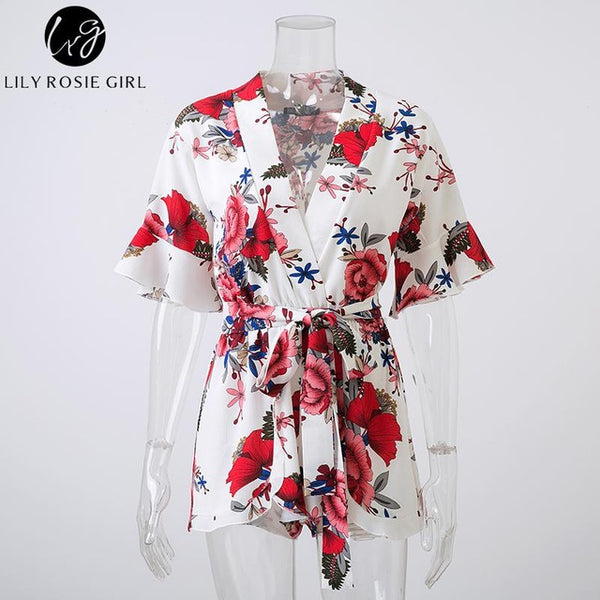 Boho Red Floral Print Ruffles Playsuits Women Elegant Autumn White V Neck Jumpsuits Rompers Sexy Beach Girls Short Overalls