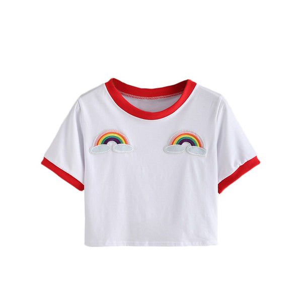 ROMWE Contrast Trimmed Rainbow Patch Crop Tees Summer Woman T shirts 2016 Fashion Round Neck Short Sleeve White Casual T-Shirt