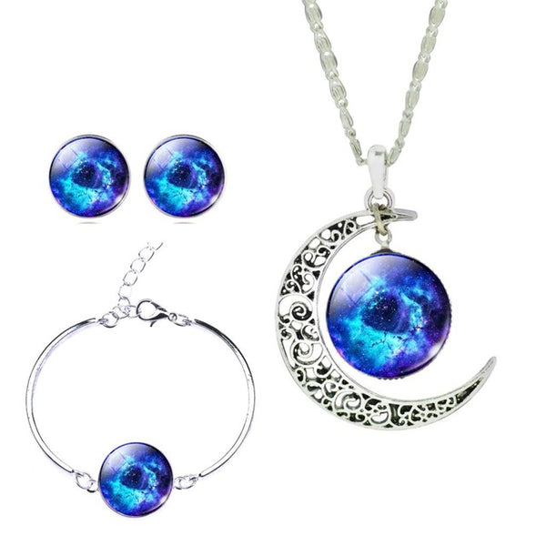 LIEBE ENGEL Newest Silver Color Jewelry Glass Galaxy Jewelry Sets  Statement Necklace Stud Earrings Bangles Bracelets For Women