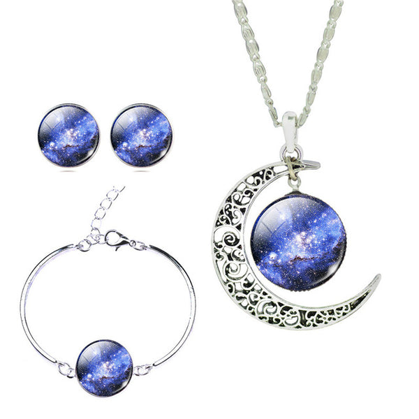 LIEBE ENGEL Newest Silver Color Jewelry Glass Galaxy Jewelry Sets  Statement Necklace Stud Earrings Bangles Bracelets For Women