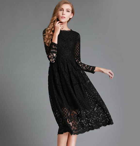 Merderheow New European 2017 Spring Women's Lace Hollow Out Long Dresses Femme Casual Clothing Women Sexy Slim Party Dress L13