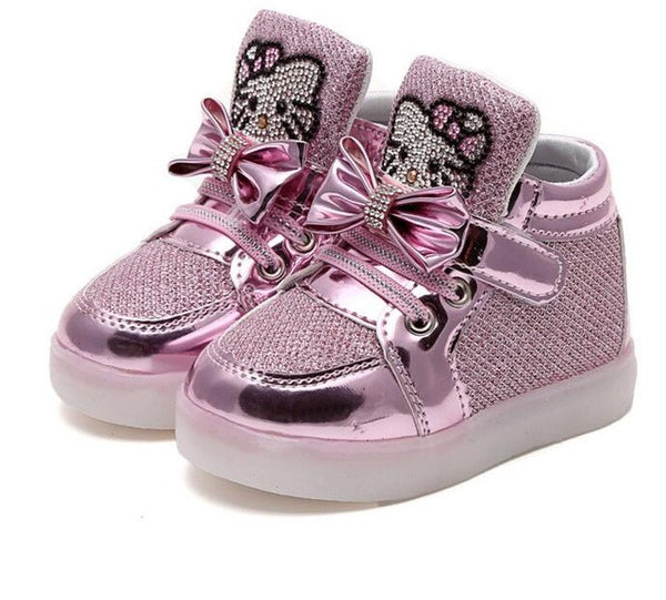 New Kitty Cat Diamond Princess Girls Sports Shoes Autumn-Winter Cartoon LED Sneakers Korean Children High Top Boots Kids Shoes