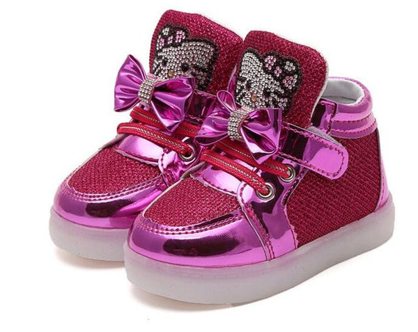 New Kitty Cat Diamond Princess Girls Sports Shoes Autumn-Winter Cartoon LED Sneakers Korean Children High Top Boots Kids Shoes