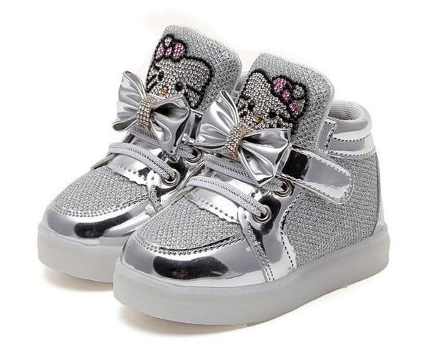 New Kitty Cat Diamond Princess Girls Sports Shoes Autumn-Winter Cartoon LED Sneakers Korean Children High Top Boots Kids Shoes