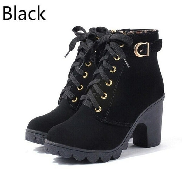 2016 New Autumn Winter Women Boots High Quality Solid Lace-up European Ladies shoes PU Leather Fashion Boots Free Shipping