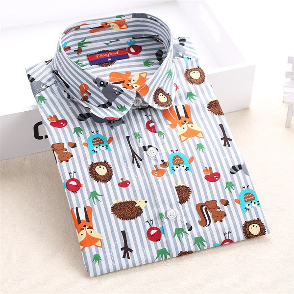 Dioufond Cotton Print Women Blouses Shirts Work Collar Office Ladies Tops Casual Cherry Long Sleeve Shirt Women Fashion Clothing