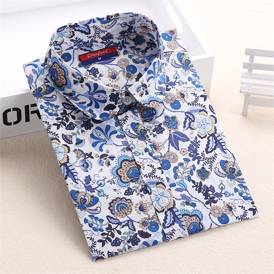 Dioufond Cotton Print Women Blouses Shirts Work Collar Office Ladies Tops Casual Cherry Long Sleeve Shirt Women Fashion Clothing