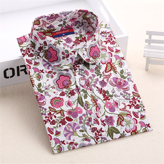 Dioufond Cotton Print Women Blouses Shirts Work Collar Office Ladies Tops Casual Cherry Long Sleeve Shirt Women Fashion Clothing