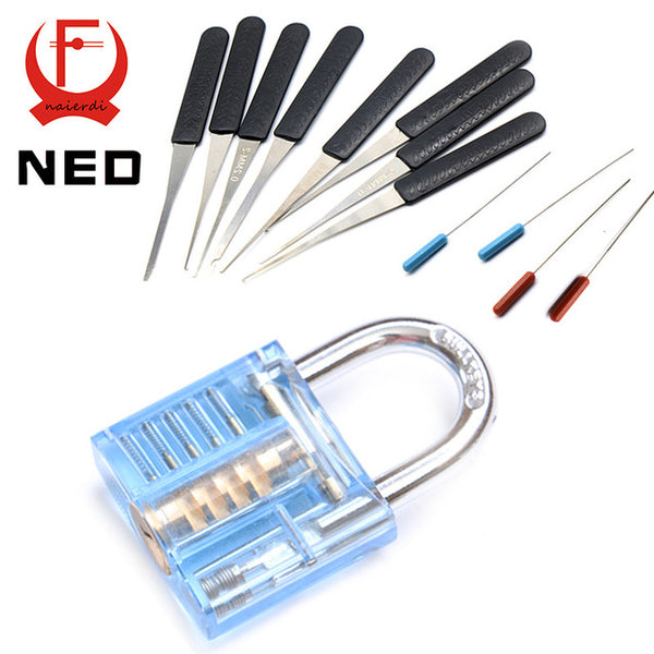 NAIERDI Transparent Visible Pick Cutaway Practice Padlock Lock With Broken Key Removing Hooks Lock Extractor Set Locksmith Tool