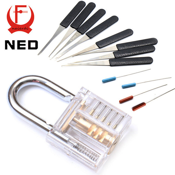 NAIERDI Transparent Visible Pick Cutaway Practice Padlock Lock With Broken Key Removing Hooks Lock Extractor Set Locksmith Tool