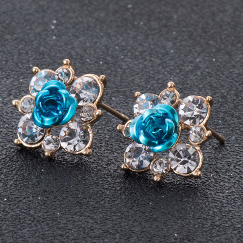 High Quality Rhinestone Flower Crystal Stud Earrings For Women Party Rose Pink Blue Romantic  Boho Fashion Jewelry e0155