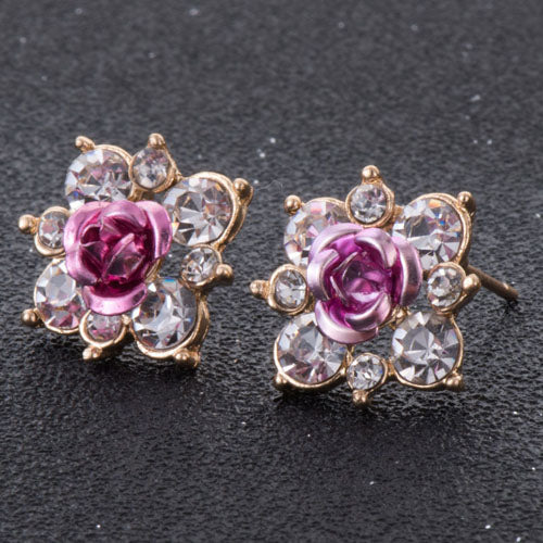 High Quality Rhinestone Flower Crystal Stud Earrings For Women Party Rose Pink Blue Romantic  Boho Fashion Jewelry e0155