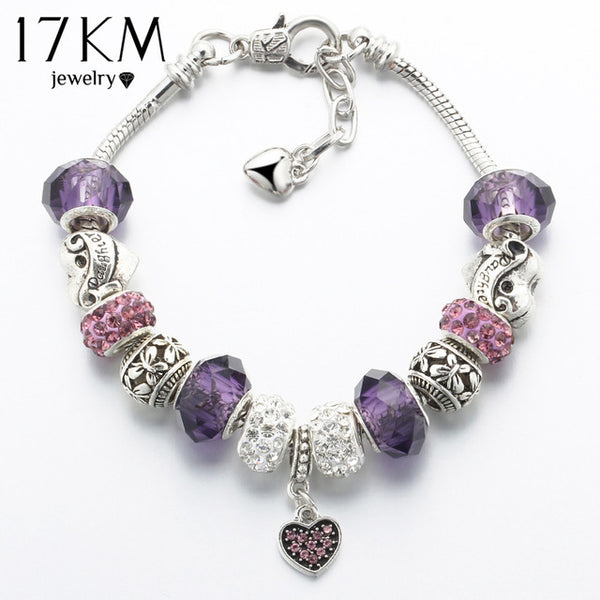 17KM 2016 European Vintage Silver Color Charm Glass Bracelets & Bangles For Women Crystal Heart Ball Beads Pulseras DIY Jewelry