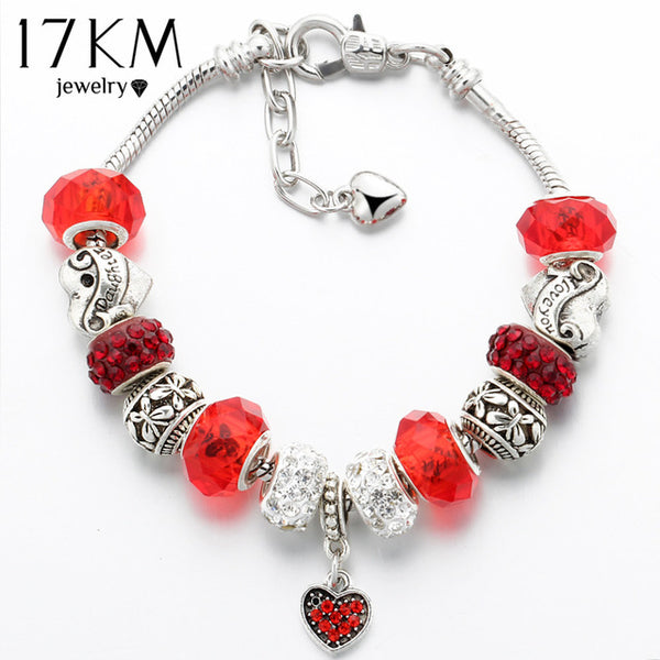 17KM 2016 European Vintage Silver Color Charm Glass Bracelets & Bangles For Women Crystal Heart Ball Beads Pulseras DIY Jewelry