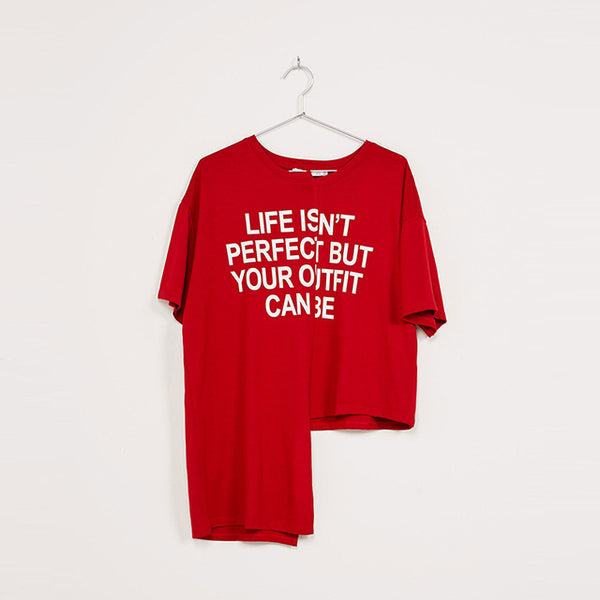 HDY Haoduoyi Asymmetrical Basic Tops Women Short Sleeve Female Letter Print Pullover Tops Street Loose O-neck Red Casual T-shirt