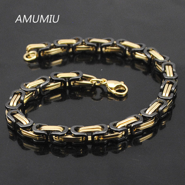 AMUMIU Promotion! Men's Bracelets Gold Chain Link Bracelet Stainless Steel 5.5mm Width Byzantine Wholesale High Quality KB002