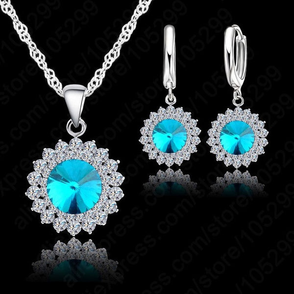 Newest Wedding Jewelry Set 925 Pure Silver Crystal Necklace Pendant/Earrings Trendy  Women Jewelry Set