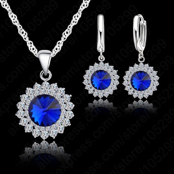 Newest Wedding Jewelry Set 925 Pure Silver Crystal Necklace Pendant/Earrings Trendy  Women Jewelry Set