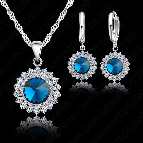 Newest Wedding Jewelry Set 925 Pure Silver Crystal Necklace Pendant/Earrings Trendy  Women Jewelry Set