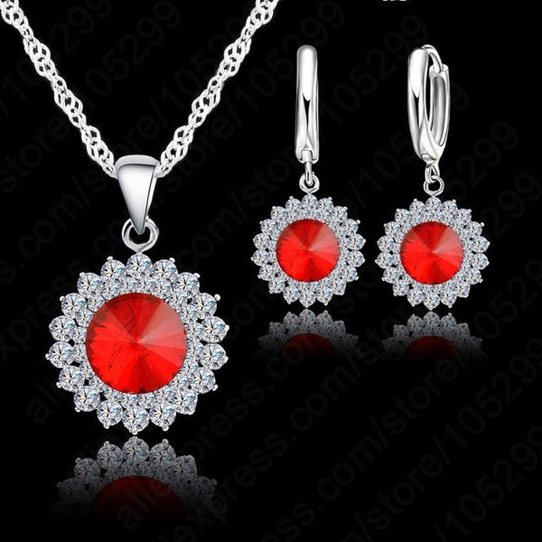 Newest Wedding Jewelry Set 925 Pure Silver Crystal Necklace Pendant/Earrings Trendy  Women Jewelry Set