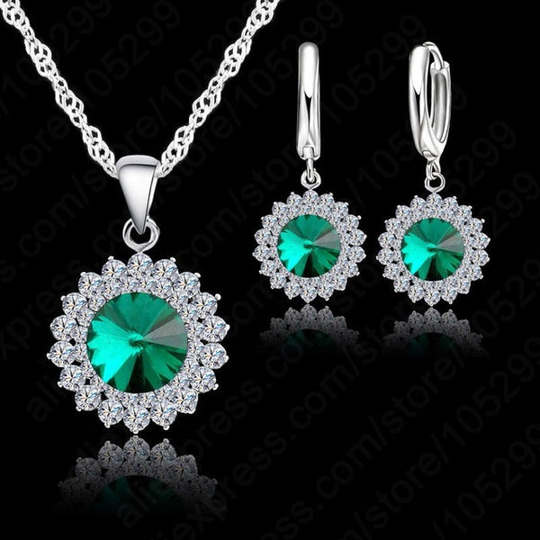 Newest Wedding Jewelry Set 925 Pure Silver Crystal Necklace Pendant/Earrings Trendy  Women Jewelry Set
