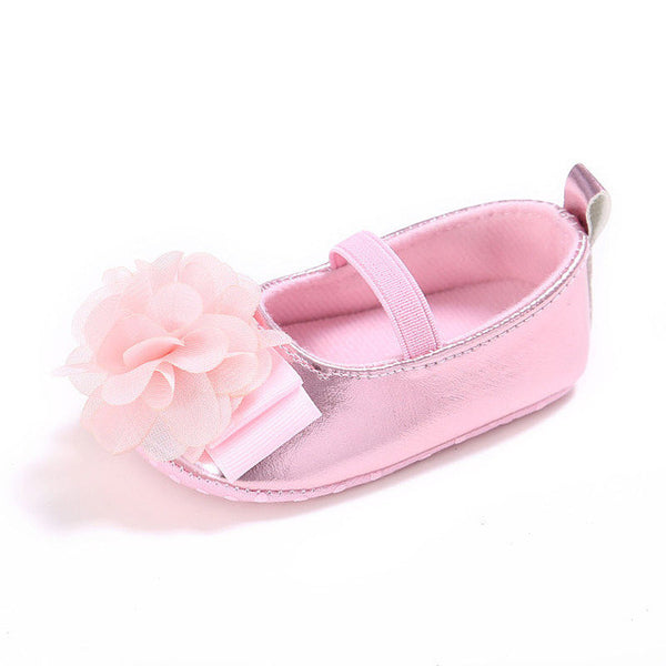 New PU Leather Golden Silver Pink Newborn Baby Kid Prewalkers Shoes Princess Girl Mary Jane Big Flower Soft Soled Anti-slip Shoe