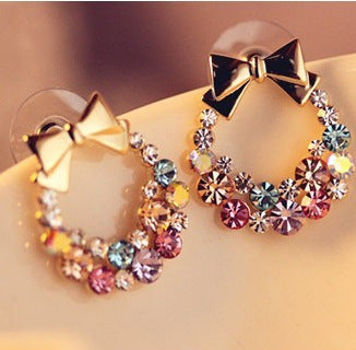 Women Imitation Colorful Rhinestone Bowknot Stud Earrings Gold Crystal Cubic Zirconia Bow Earring Female Fashion Vintage Jewelry
