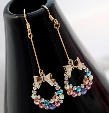 Women Imitation Colorful Rhinestone Bowknot Stud Earrings Gold Crystal Cubic Zirconia Bow Earring Female Fashion Vintage Jewelry